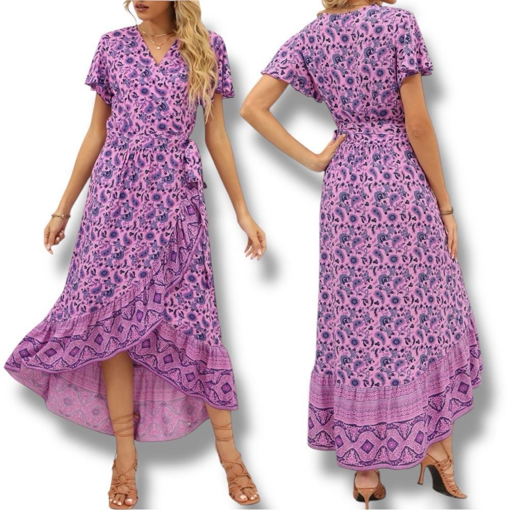ZESICA Women's Bohemian Floral Printed Wrap V Neck Flowy Ruffle Midi Dress in L